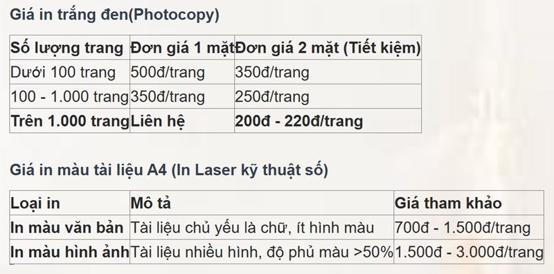 Bảng báo giá in tài liệu Bảng báo giá in tài liệu