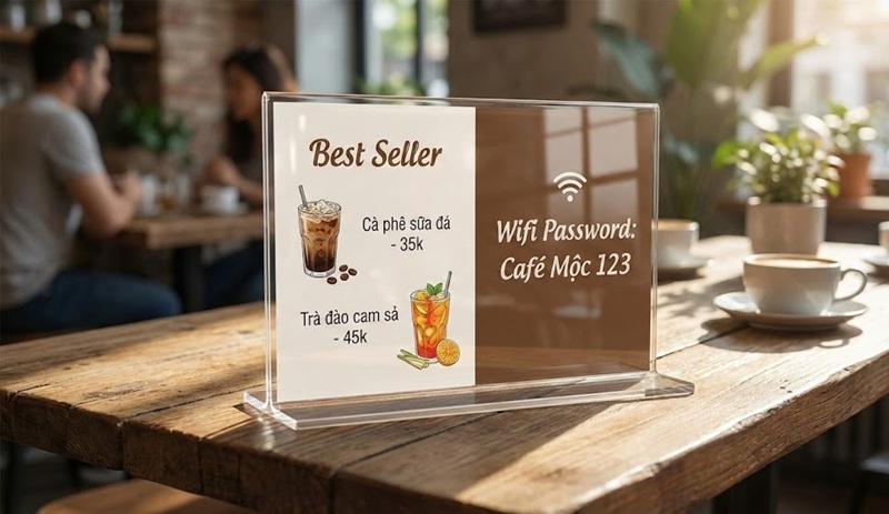 Biển mica để bàn tent card làm menu quán cafe Biển mica để bàn tent card làm menu quán cafe