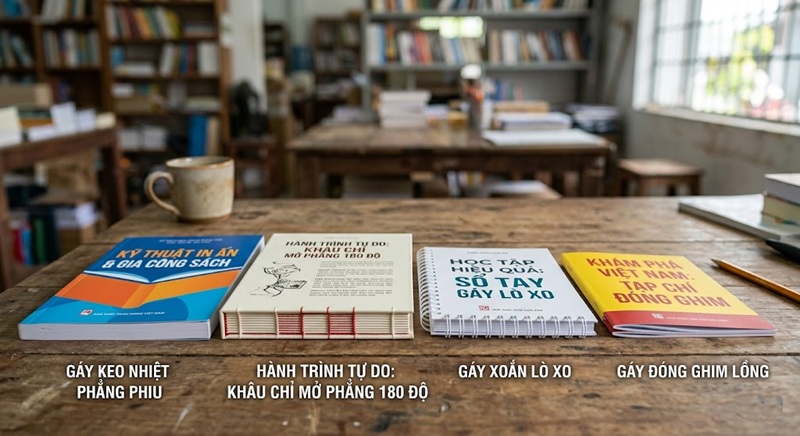 4 hình thức gia công và đóng sách sau in phổ biến: đóng gáy keo nhiệt, khâu chỉ, gáy xoắn lò xo và đóng ghim lồng.