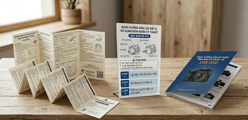 Tổng hợp 3 loại in hướng dẫn sử dụng phổ biến gồm tờ hướng dẫn gấp, bảng hướng dẫn phẳng và sách hướng dẫn đóng cuốn chuyên nghiệp.