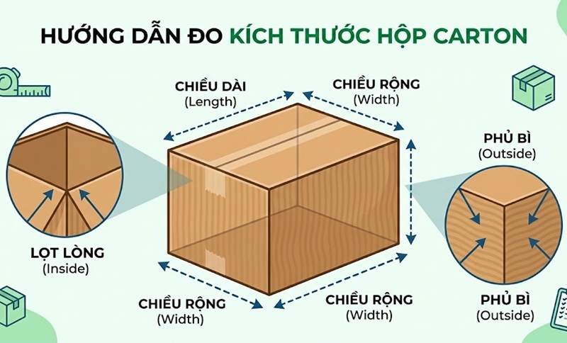 Hướng dẫn cách đo kích thước lọt lòng và phủ bì hộp carton