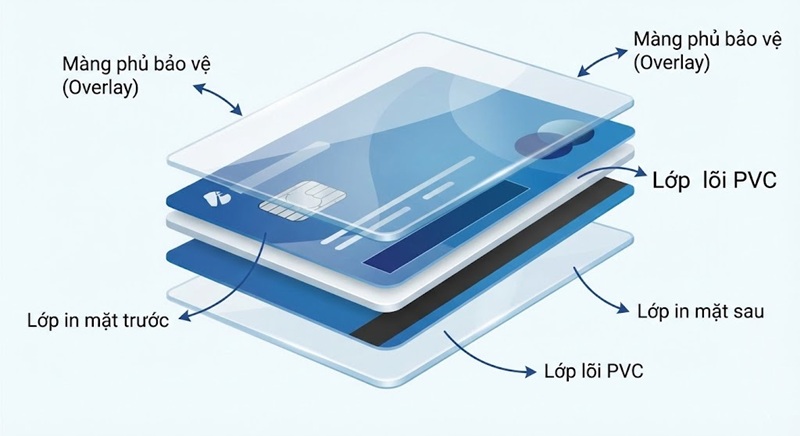 Sơ đồ cấu tạo thẻ nhựa PVC 4 lớp với màng bảo vệ