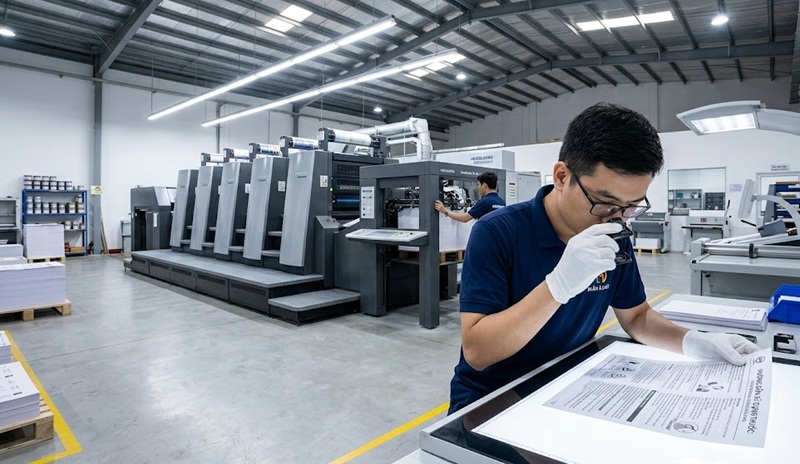Quy trình kiểm tra chất lượng bản in hướng dẫn sử dụng tại xưởng in chuyên nghiệp với hệ thống máy Offset hiện đại và cam kết chuẩn màu.