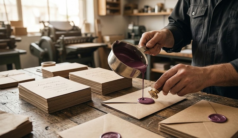 Gia công đóng dấu sáp niêm phong cho bao thư thiệp cưới Kraft tại xưởng