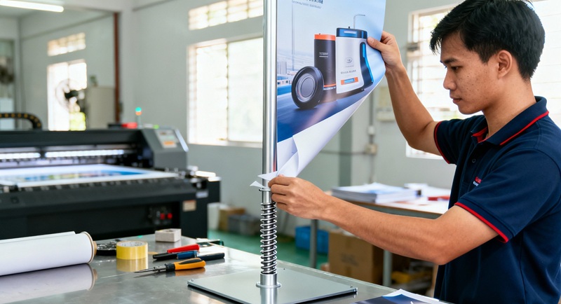 Gia công lắp ráp standee cuốn nhôm tại xưởng