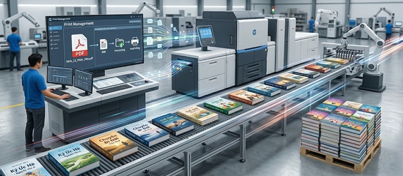 Xu hướng in sách bằng máy in kỹ thuật số hiện đại, tự động hóa từ file PDF giúp rút ngắn thời gian in ấn.