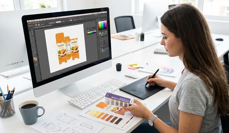 Nhân viên thiết kế in ấn chuyên nghiệp đang so màu