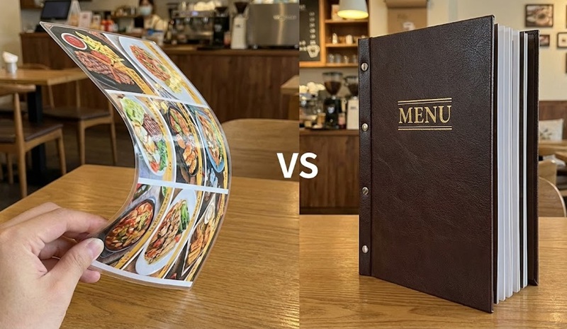 So sánh độ dày giữa menu nhựa và menu giấy bồi