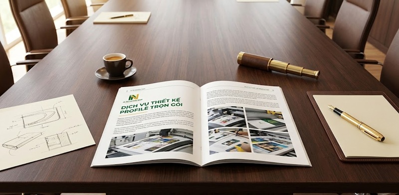 Cuốn Profile công ty thiết kế chuyên nghiệp, sang trọng trên bàn họp
