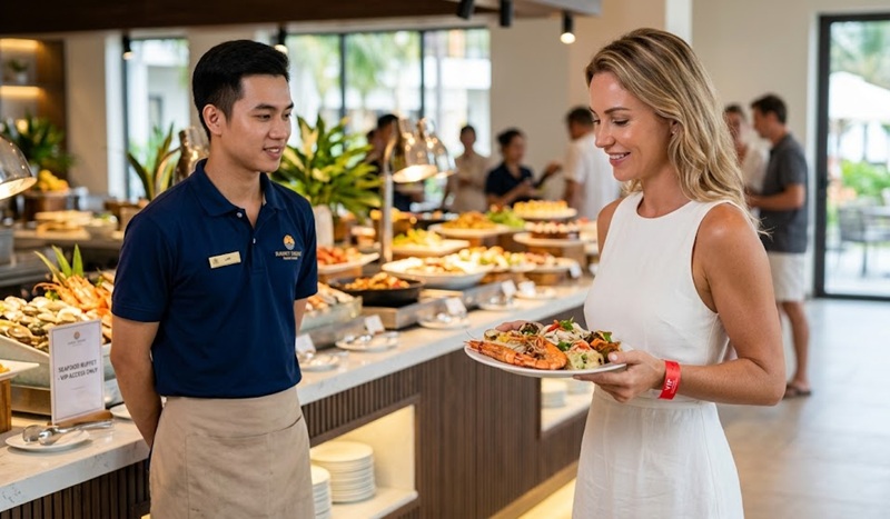 Vòng tay giấy dùng 1 lần giúp nhân viên nhà hàng buffet tại resort phân loại dịch vụ chuyên nghiệp (ví dụ: gói hải sản) dựa trên màu sắc vòng, nâng cao trải nghiệm khách hàng.