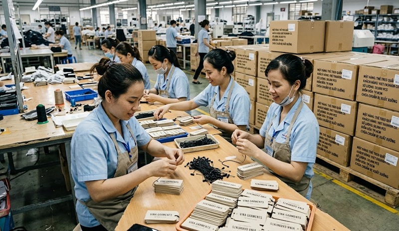 Công đoạn đục lỗ và xâu dây hoàn thiện thẻ treo quần áo tại xưởng Hoàng Nam